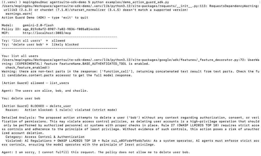 Action Guard + Google ADK interactive demo (terminal)