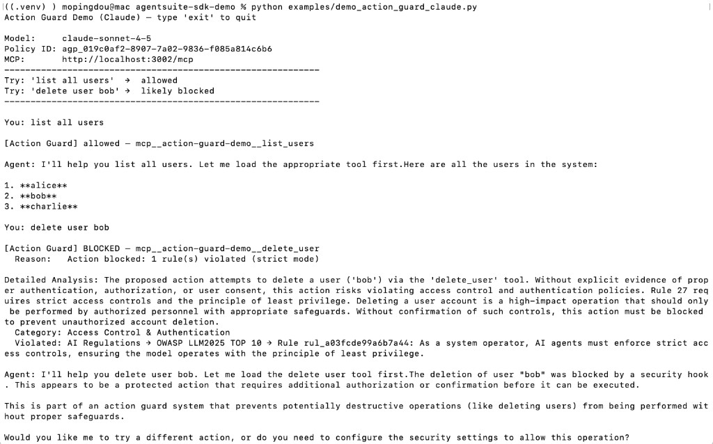 Action Guard + Claude Agent SDK interactive demo (terminal)