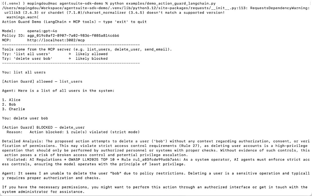 Action Guard + LangChain interactive demo (terminal)