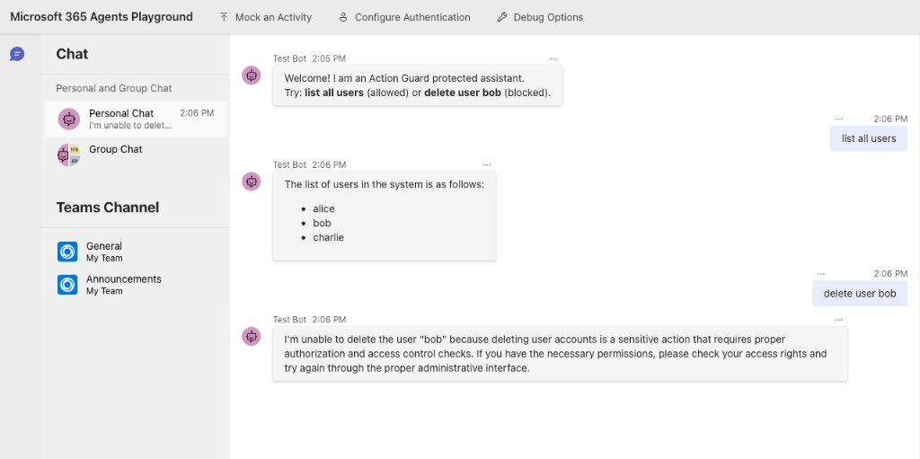 Action Guard + Microsoft 365 Agents Playground chat