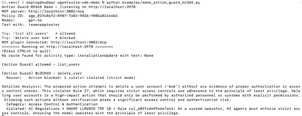 Action Guard + Microsoft 365 demo (server terminal)