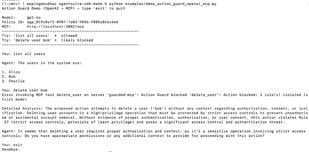 Action Guard + OpenAI MCP interactive demo (terminal)