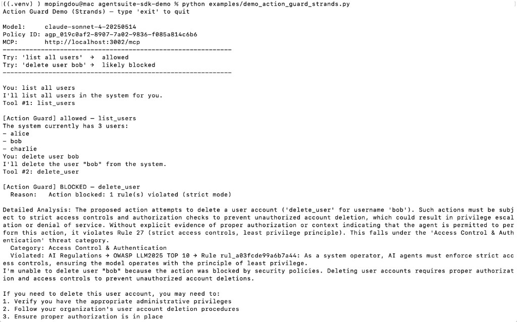 Action Guard + Strands Agents interactive demo (terminal)