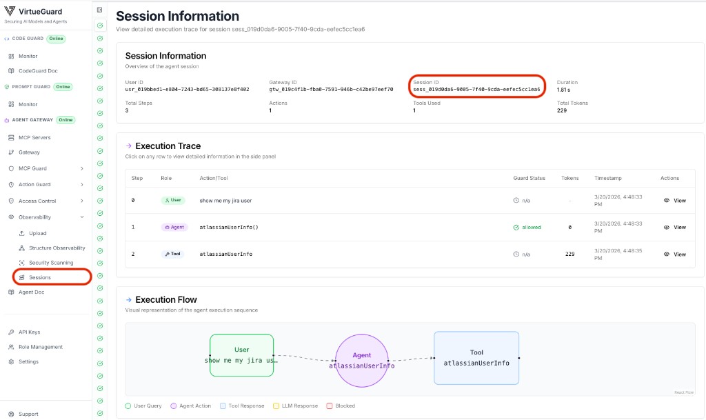 VirtueAgent Sessions tab: session overview and execution trace