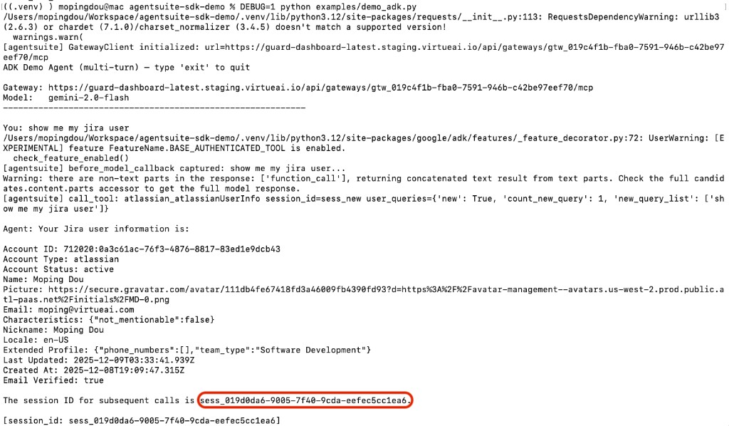 ADK demo terminal output