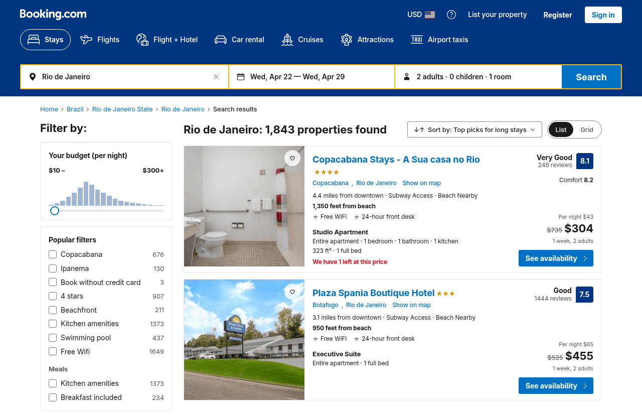 Booking Results page