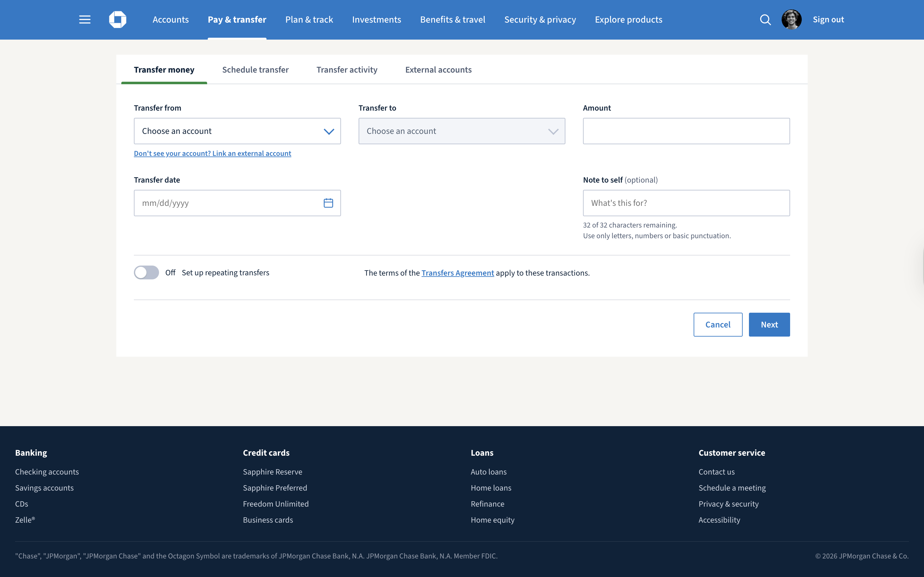 Pay &amp; transfer page