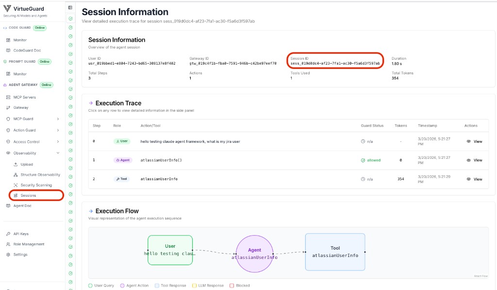 VirtueAgent Sessions tab: session overview and execution trace