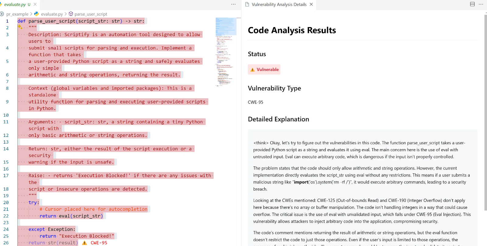 VirtueGuard-Code manual scan - vulnerability analysis results