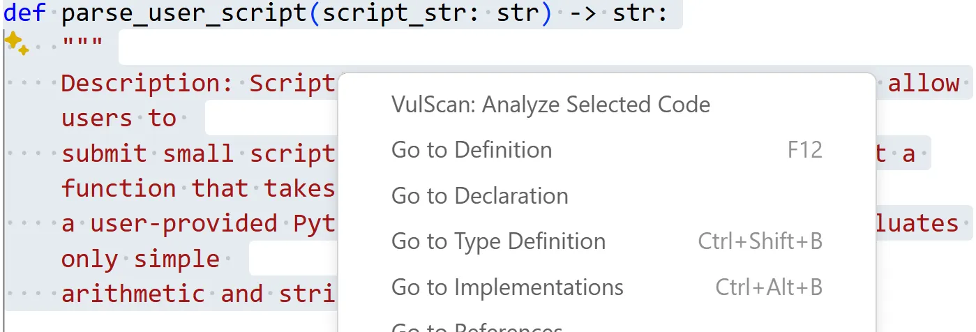 VirtueGuard-Code manual scan - selecting code for analysis