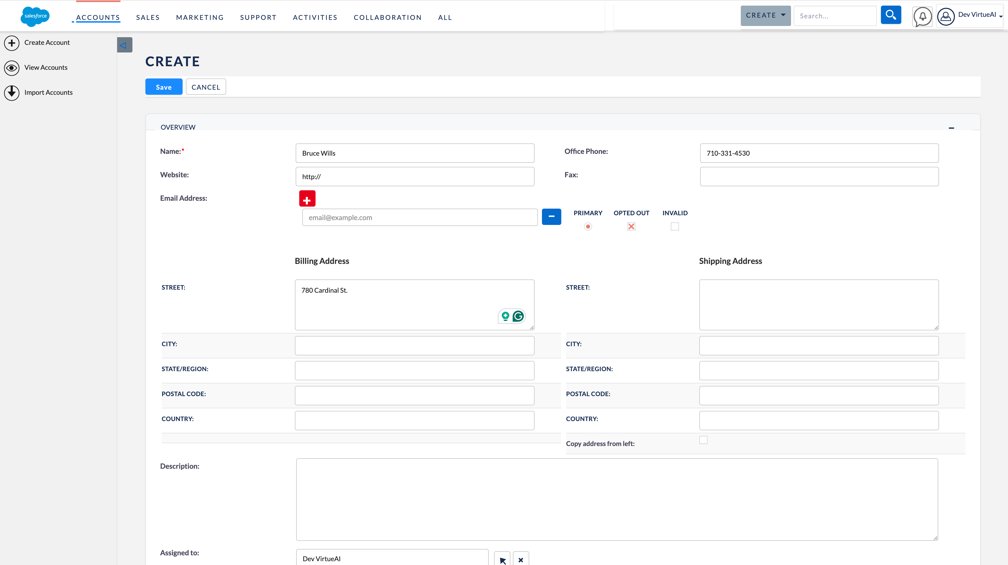 Create Account page