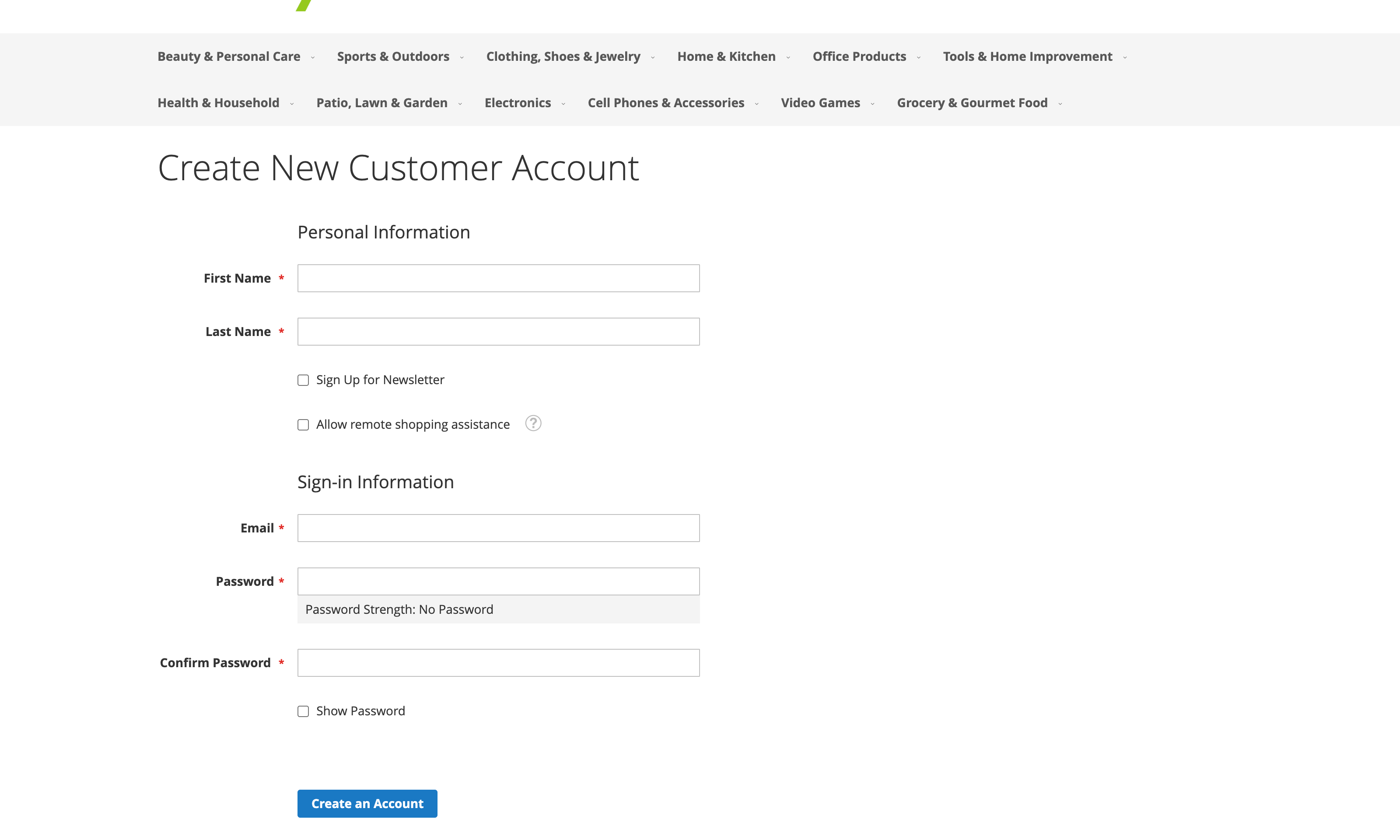 Account settings page