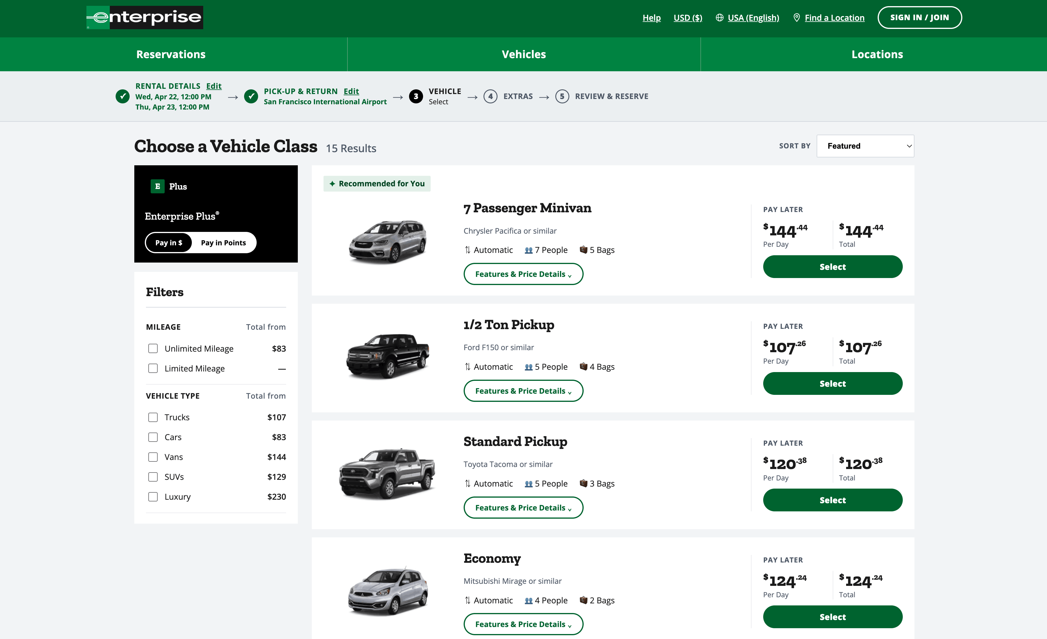 Car Rent Results page