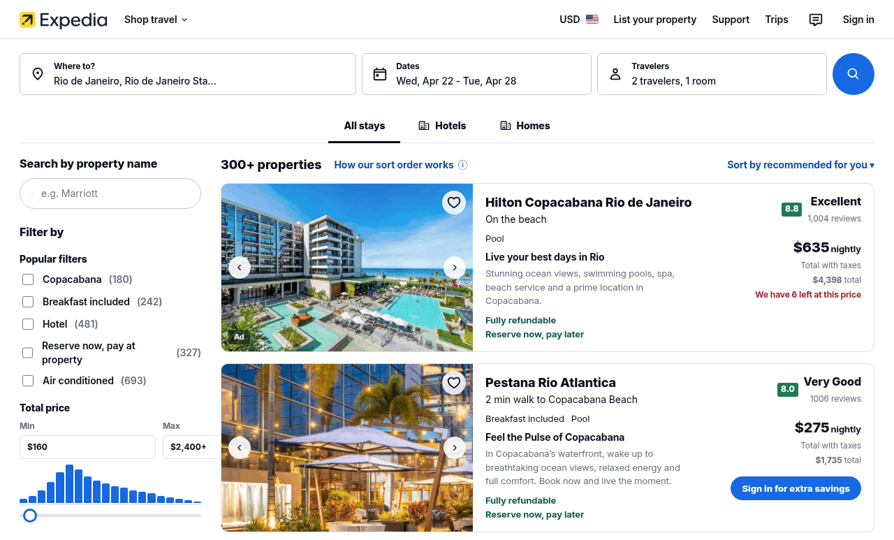 Expedia results page