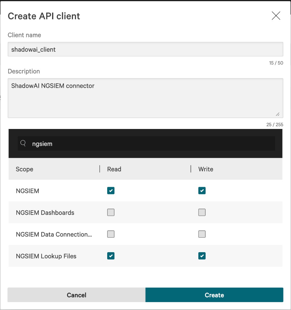 Falcon console: Create API client — NGSIEM scope selection
