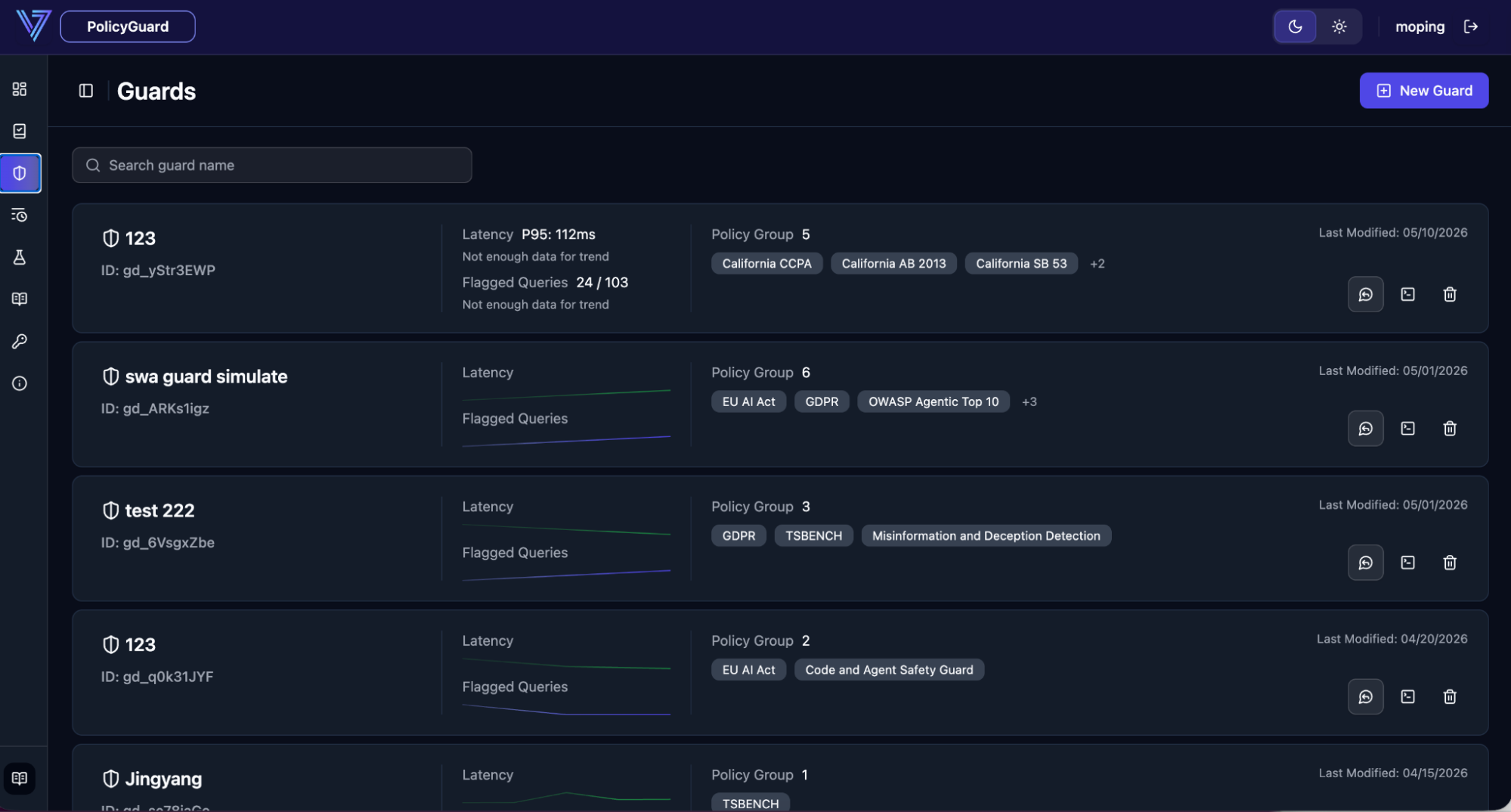 New Guard configuration screen