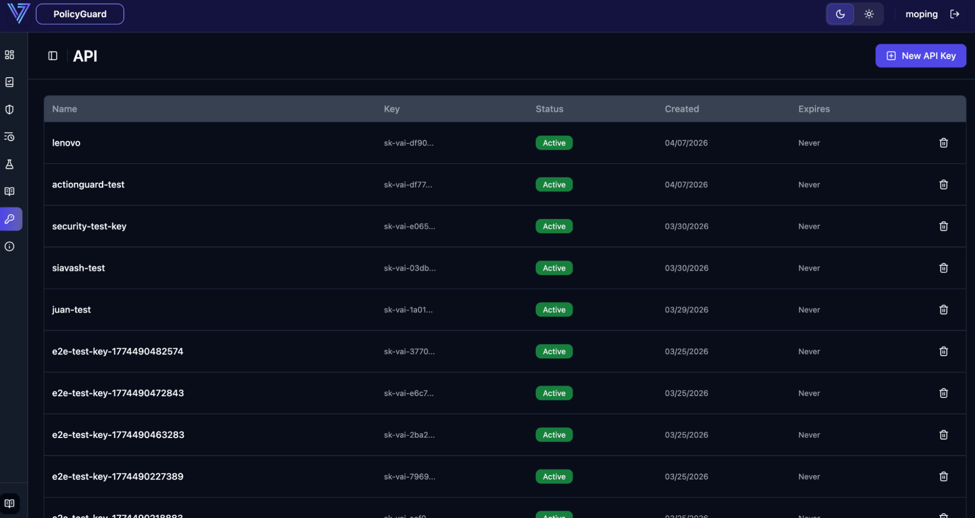 Integration page — API key creation and connection details