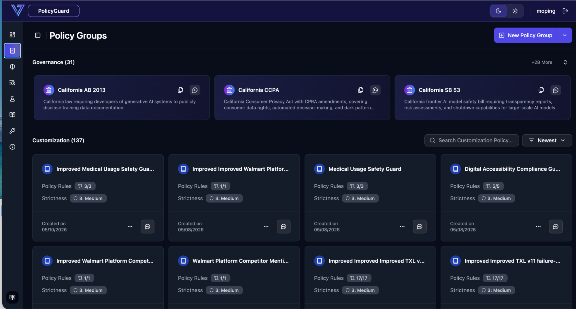 Policy Management view with the Virtue policy library and custom groups