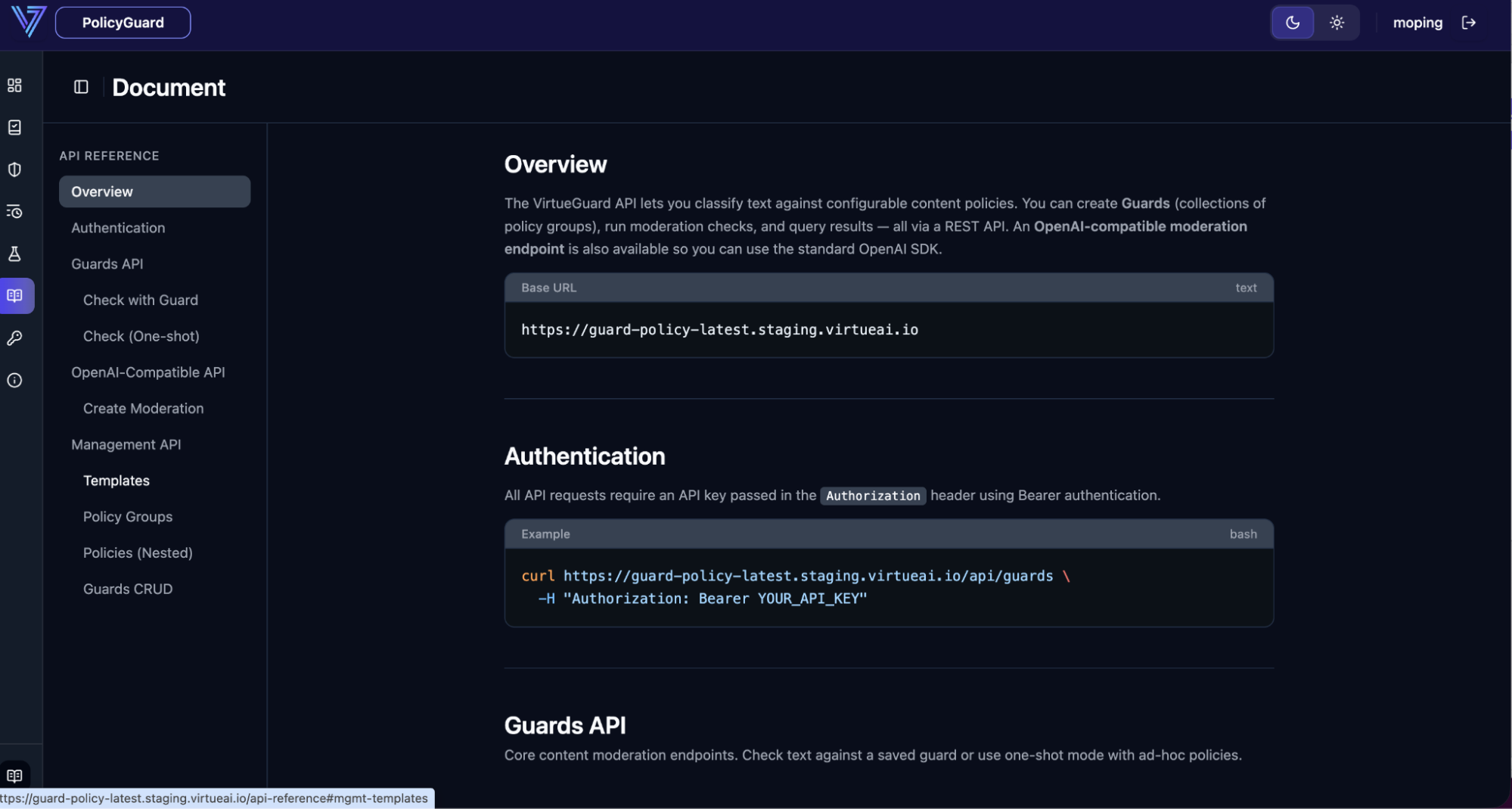 In-app API reference with copy-paste integration snippets
