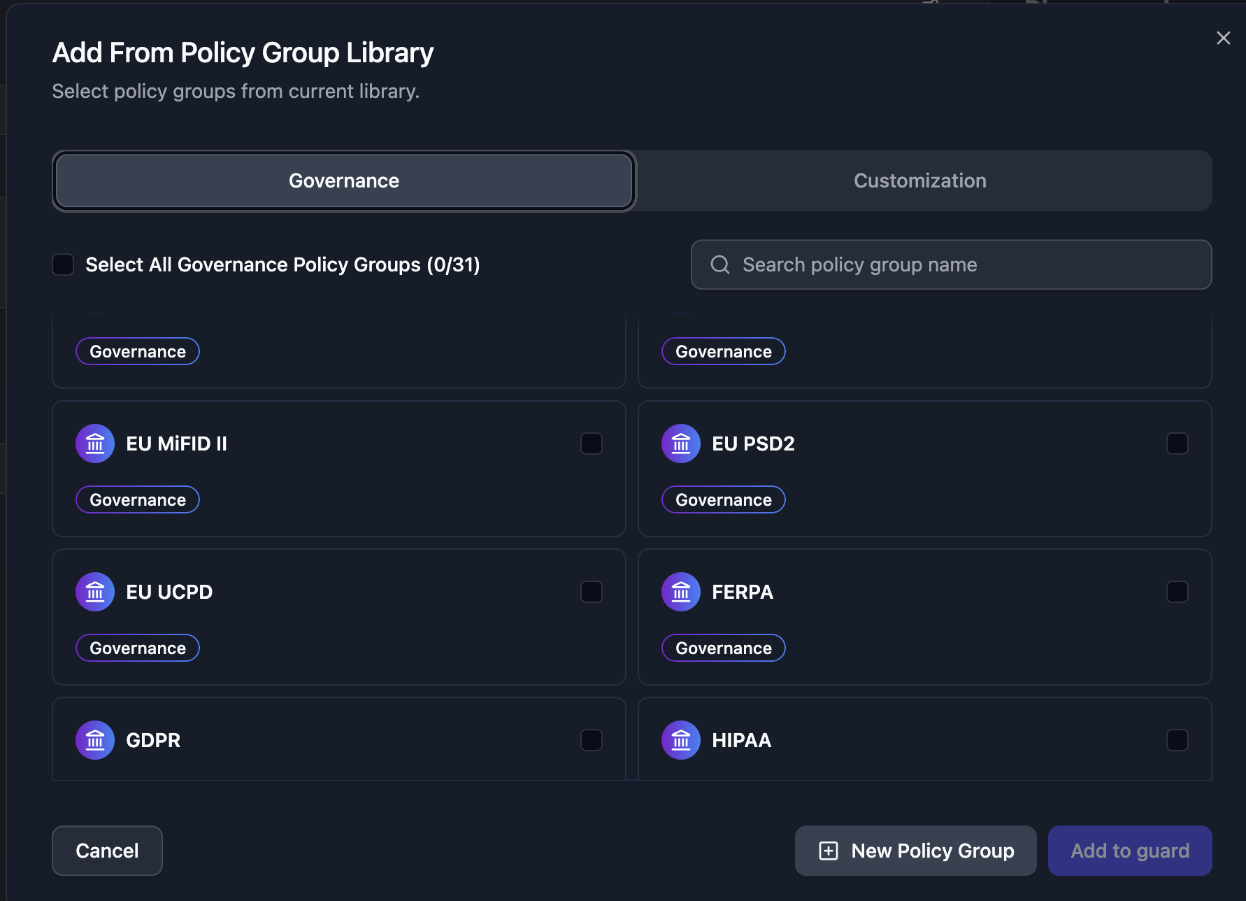Selecting policy groups while creating a guard