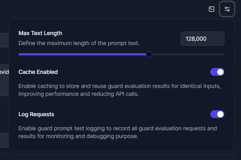 Built-in tester showing flagged and safe queries against a Securities guard