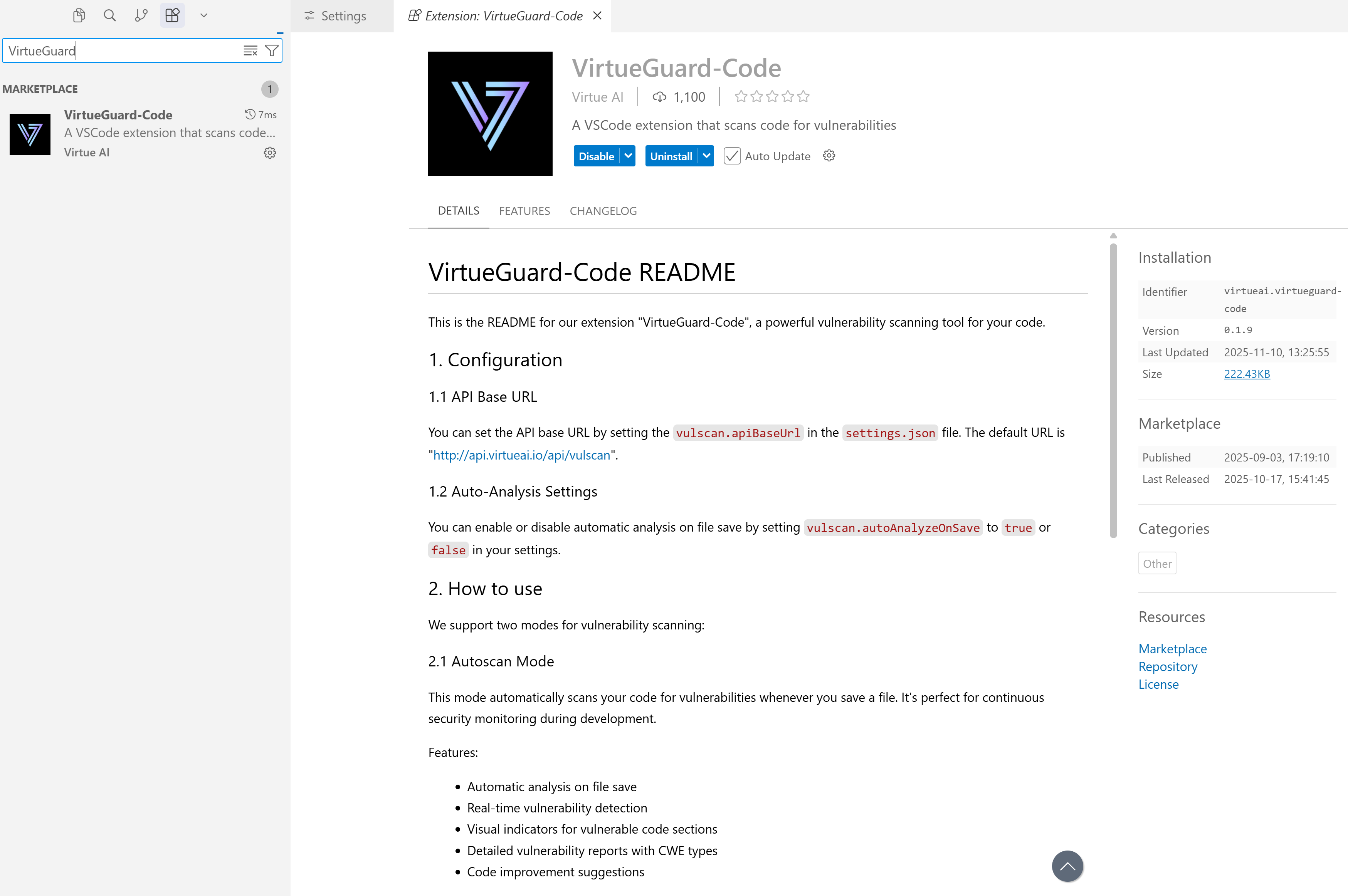 VirtueGuard-Code extension installation in VS Code marketplace