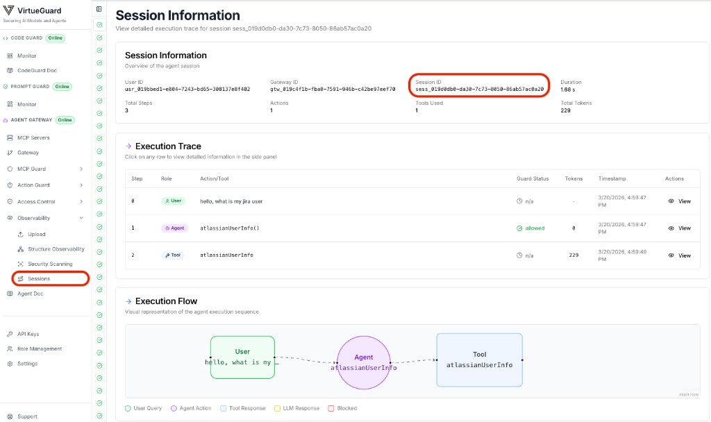 VirtueAgent Sessions tab: session overview and execution trace