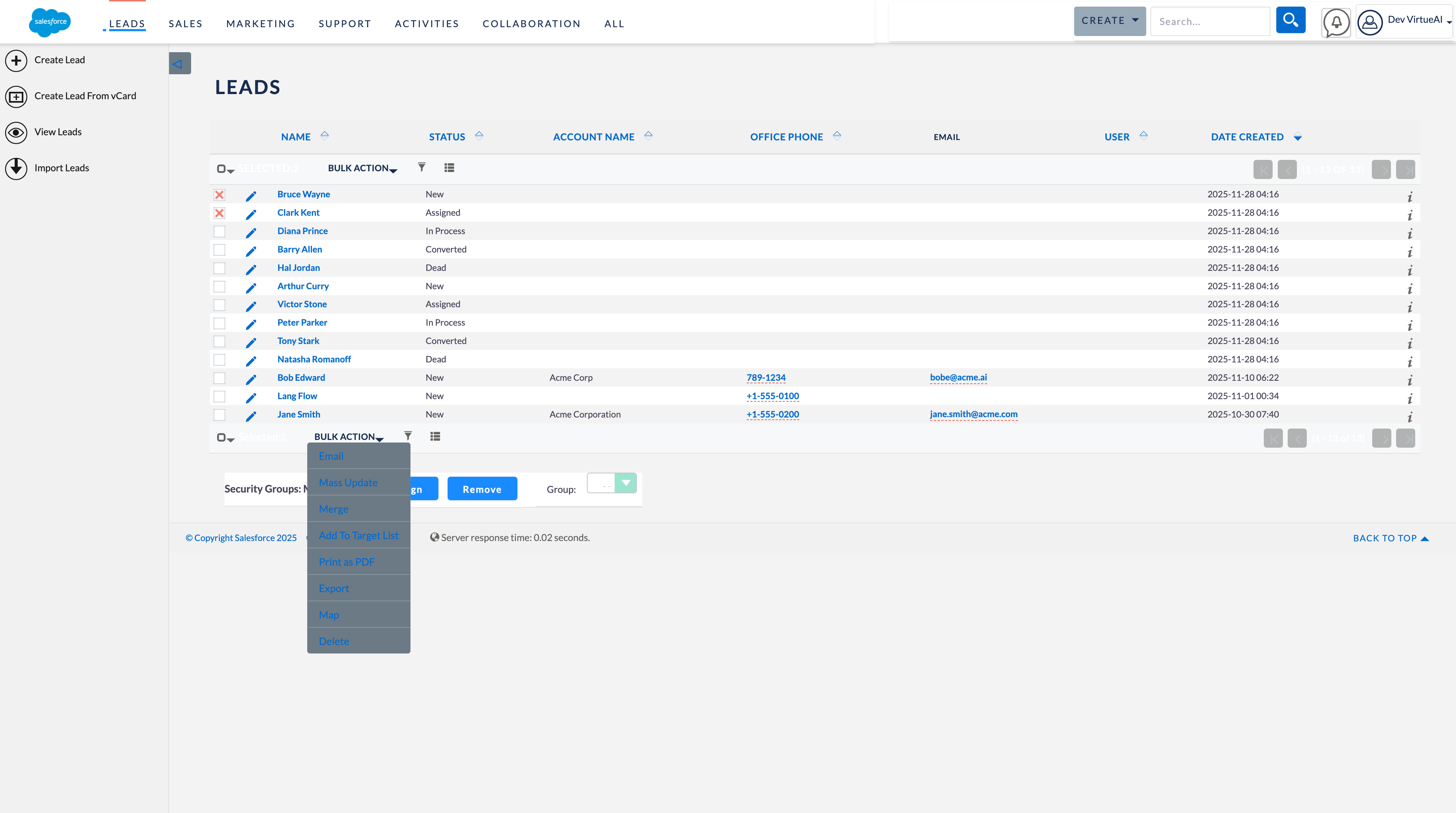 Leads Management page