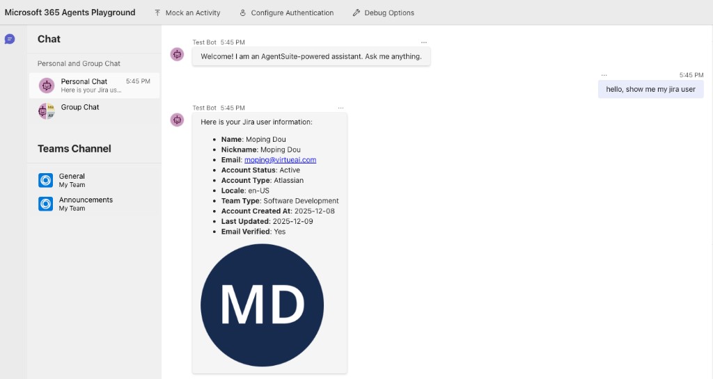 Microsoft 365 Agents Playground chat with AgentSuite-powered assistant
