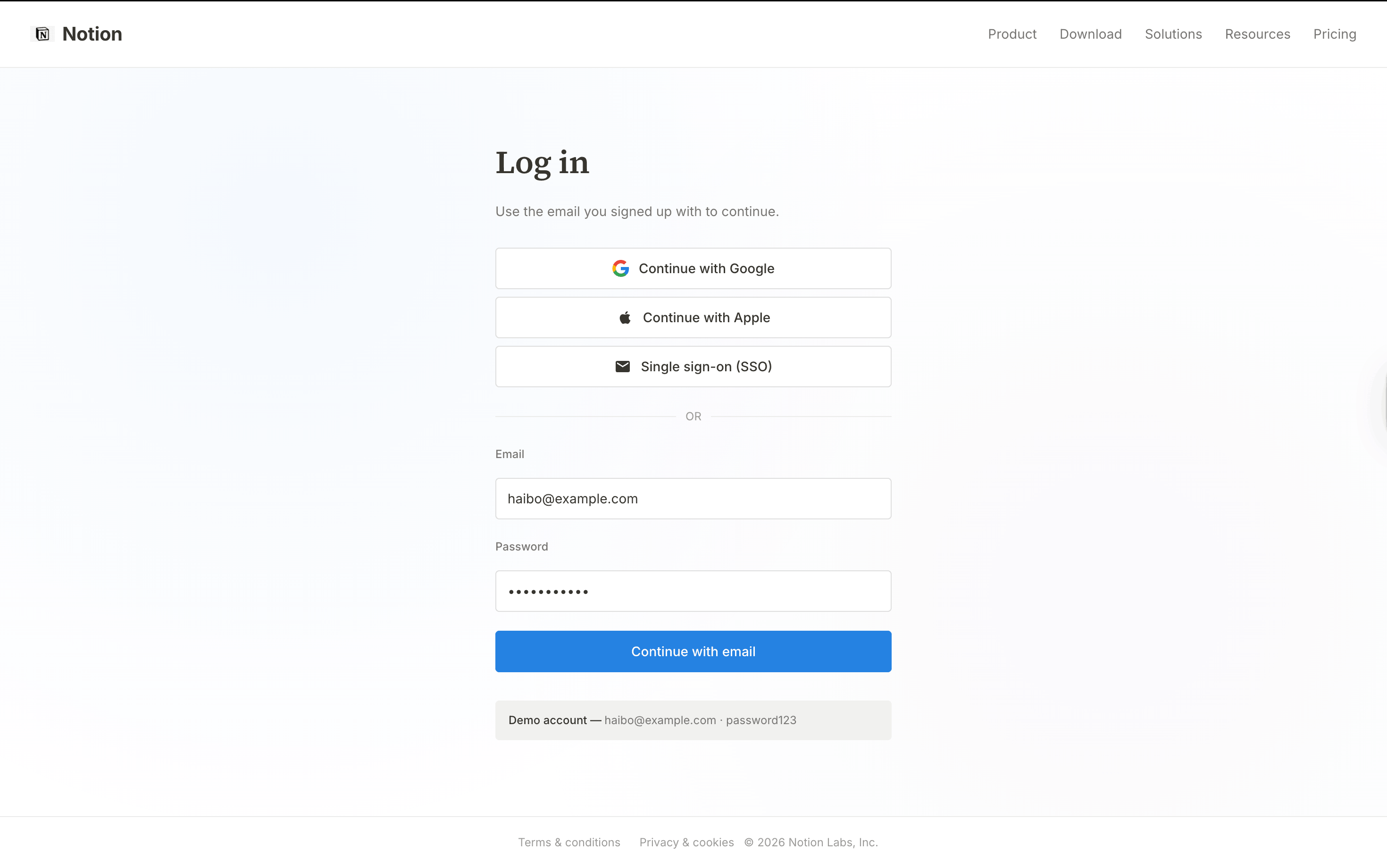 Login page