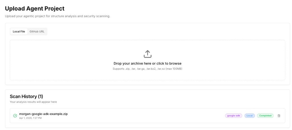 Upload Agent Project: local file and GitHub URL upload with scan history