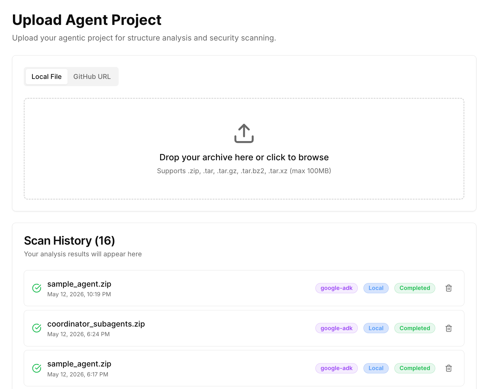 Upload Agent Project: local file and GitHub URL upload with scan history