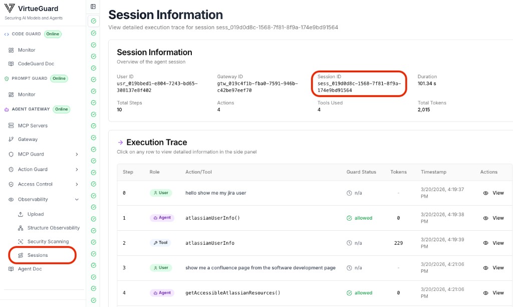 VirtueAgent Sessions tab: session overview and execution trace