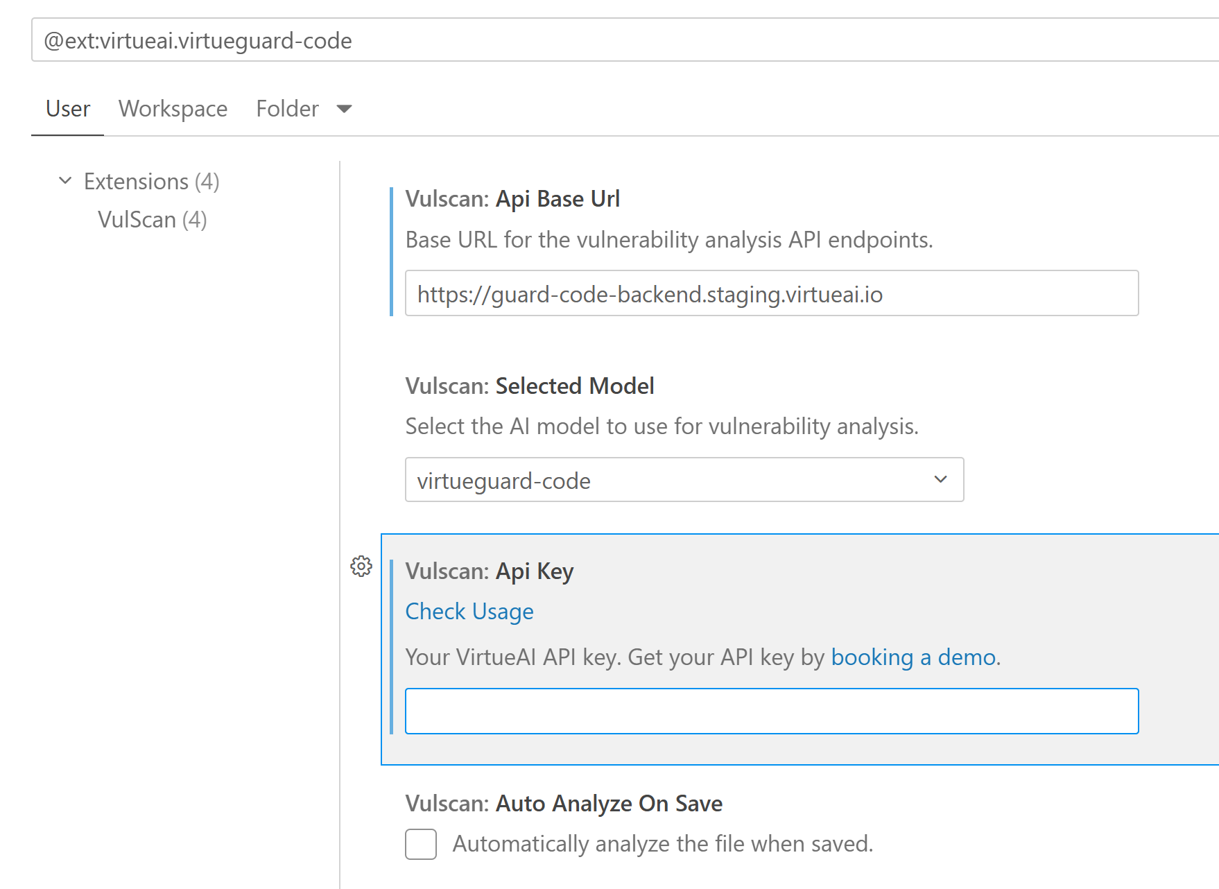 VirtueGuard-Code extension settings configuration