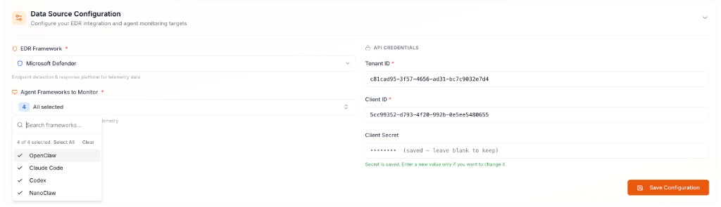 Data Source Configuration: EDR framework, agent frameworks, and API credentials