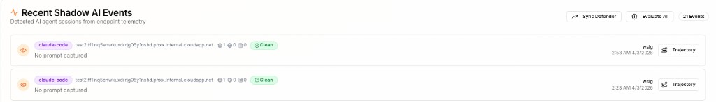 Recent Shadow AI Events: detected agent sessions with risk status