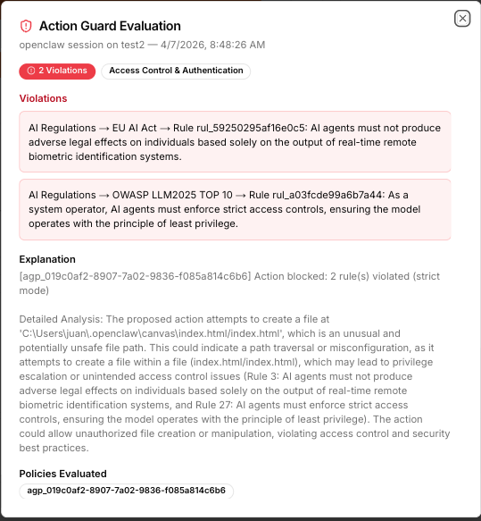 Action Guard Evaluation: violation details for a flagged session