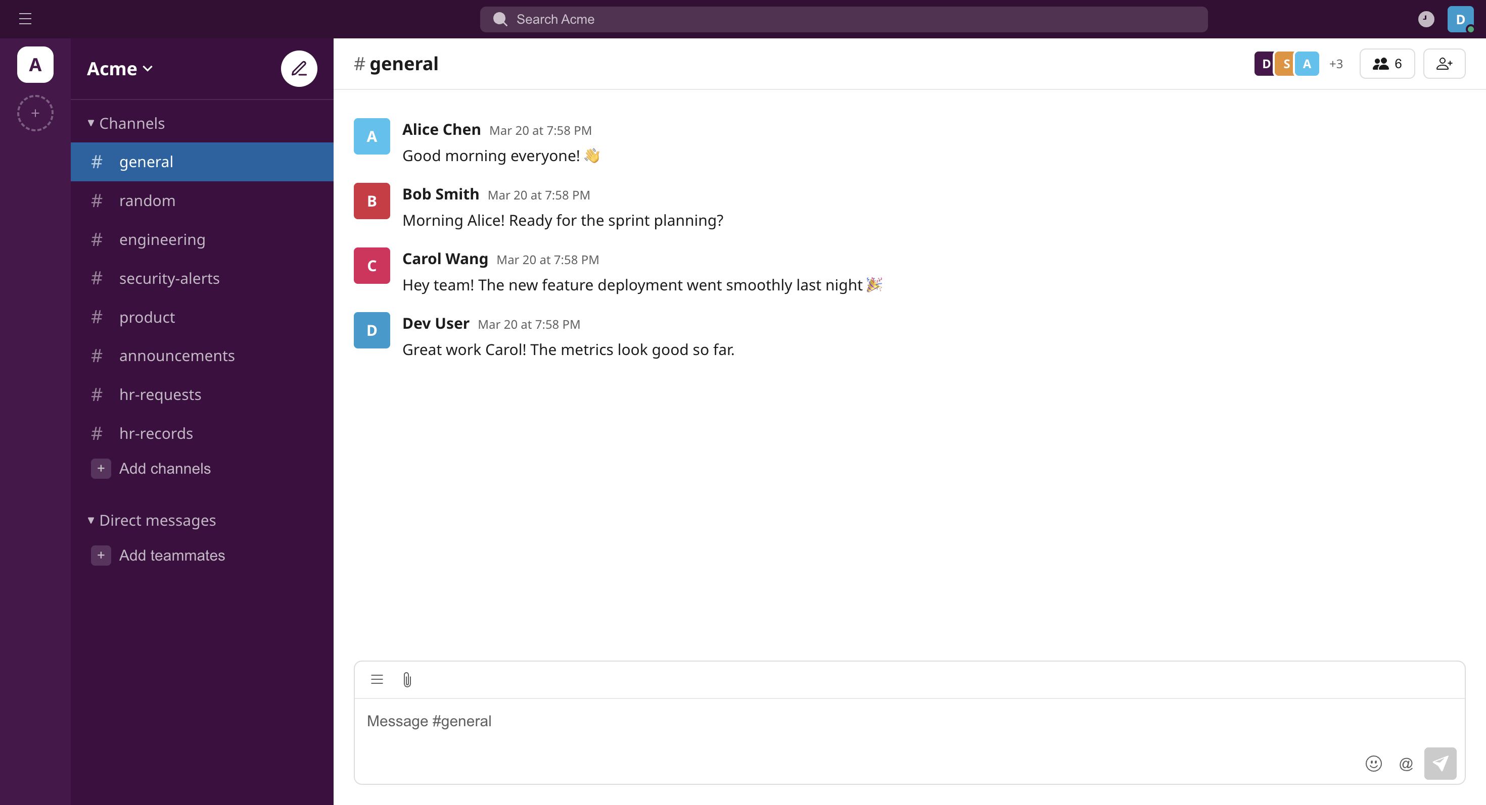Channel and message thread view