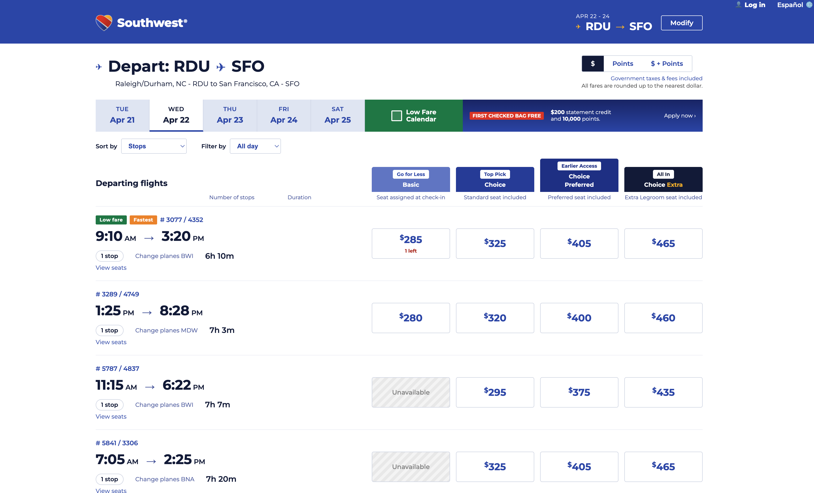 Airline Results page
