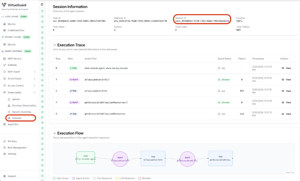 VirtueAgent Sessions tab: session overview and execution trace