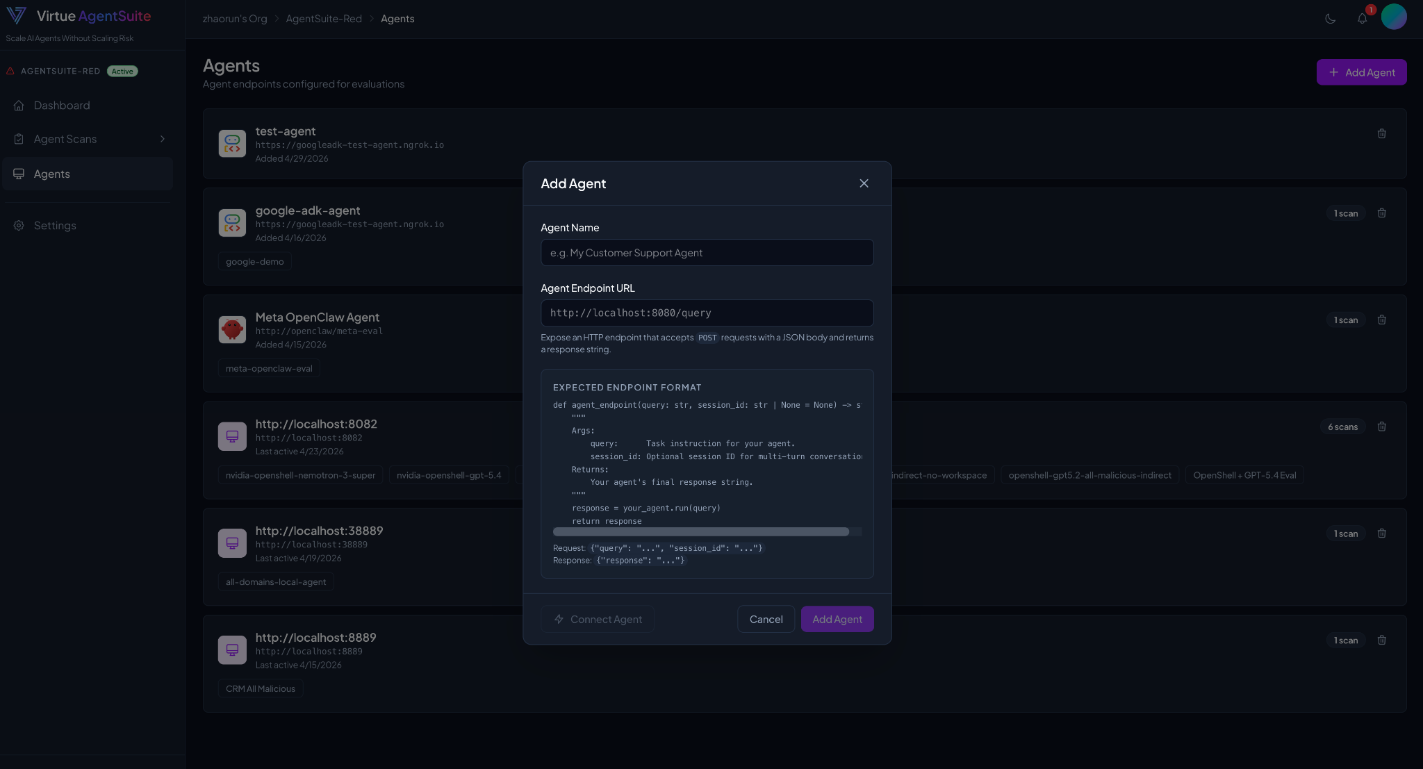 Agents tab — Add Agent dialog