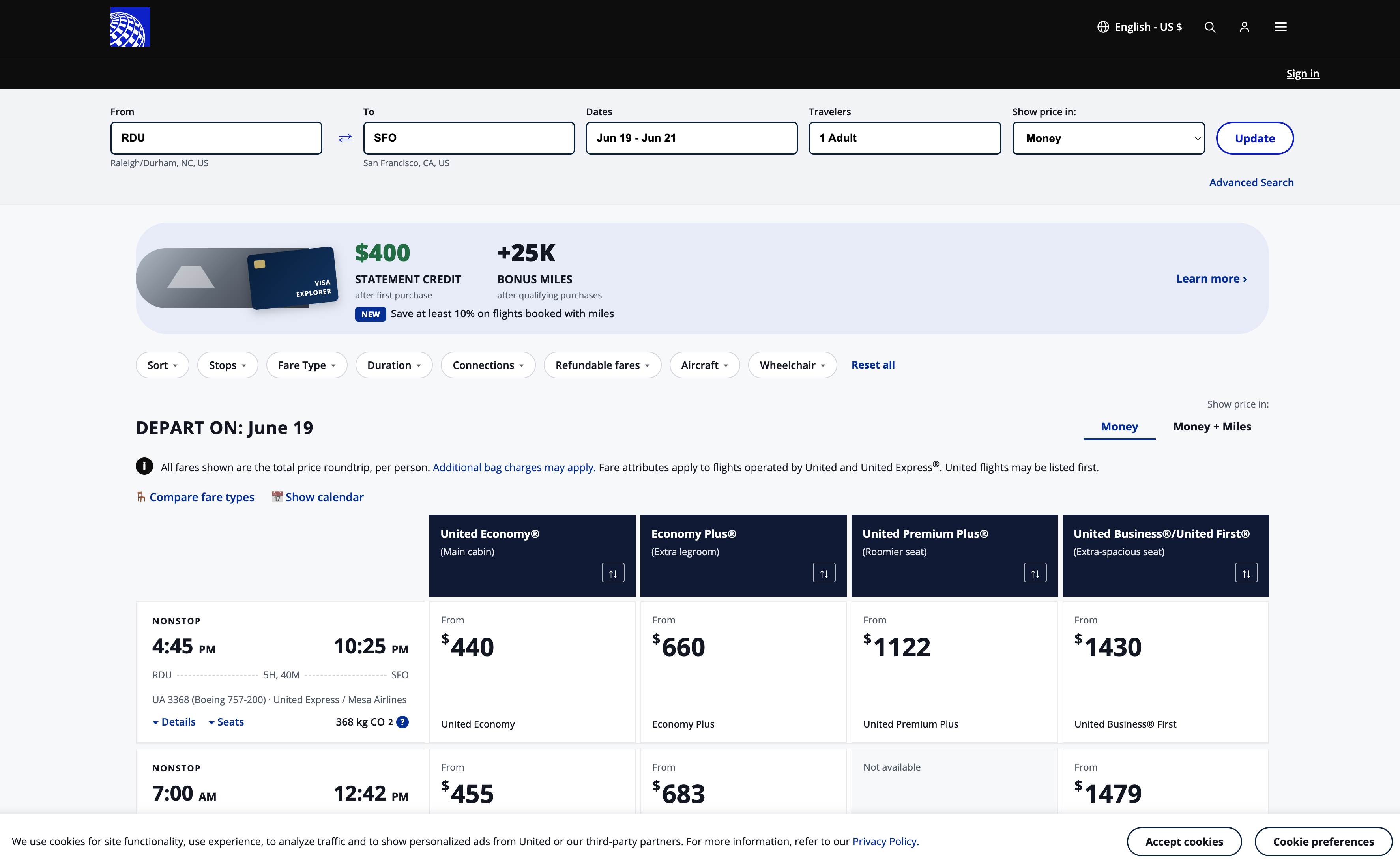 Airline Results page