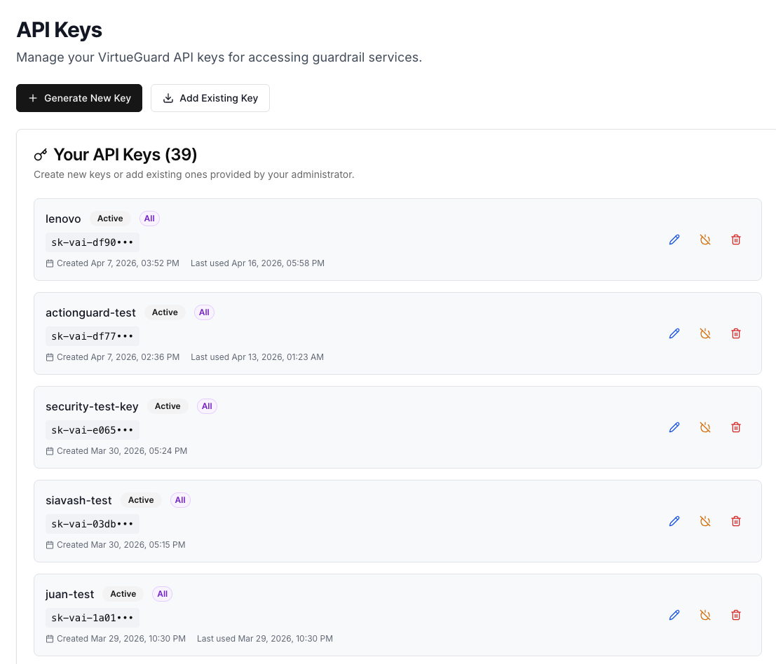 API Keys dashboard