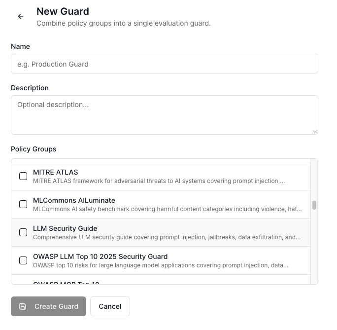 Action Guard config page