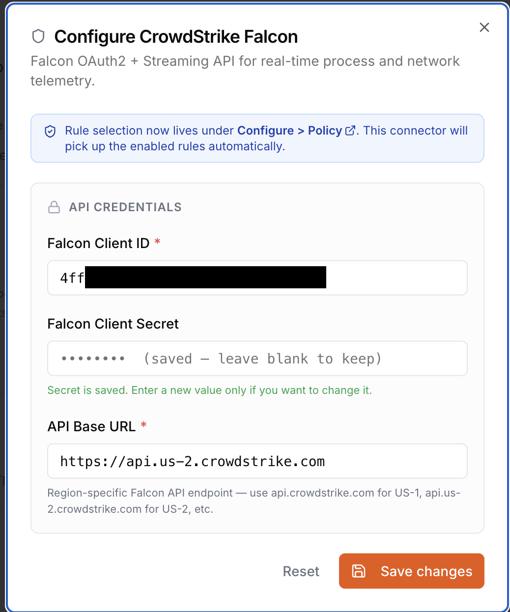 Configure CrowdStrike Falcon: API credentials form