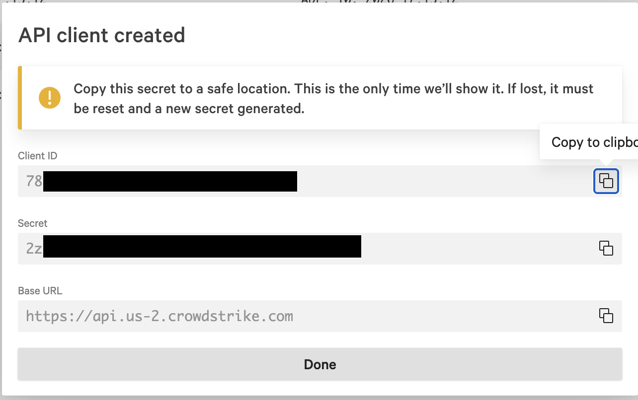Falcon console: API client created — Client ID, Secret, and Base URL