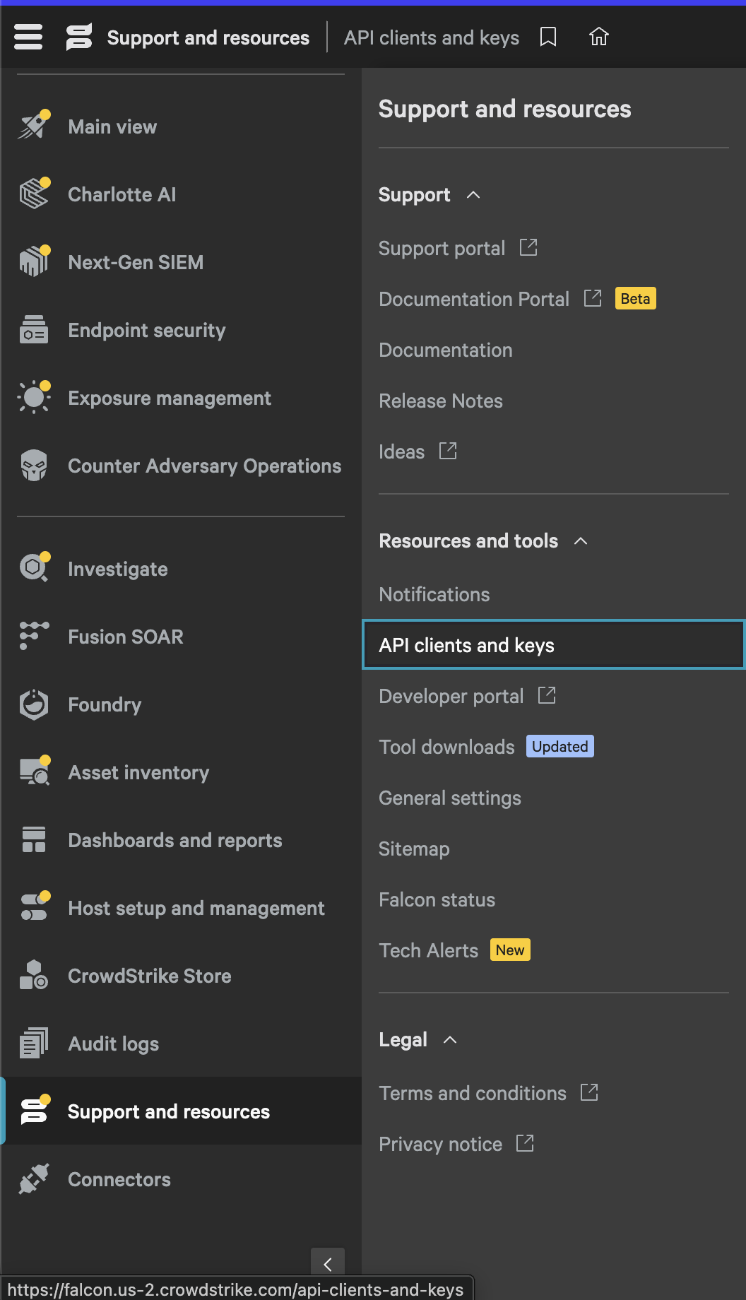 Falcon portal: Support and resources → API clients and keys
