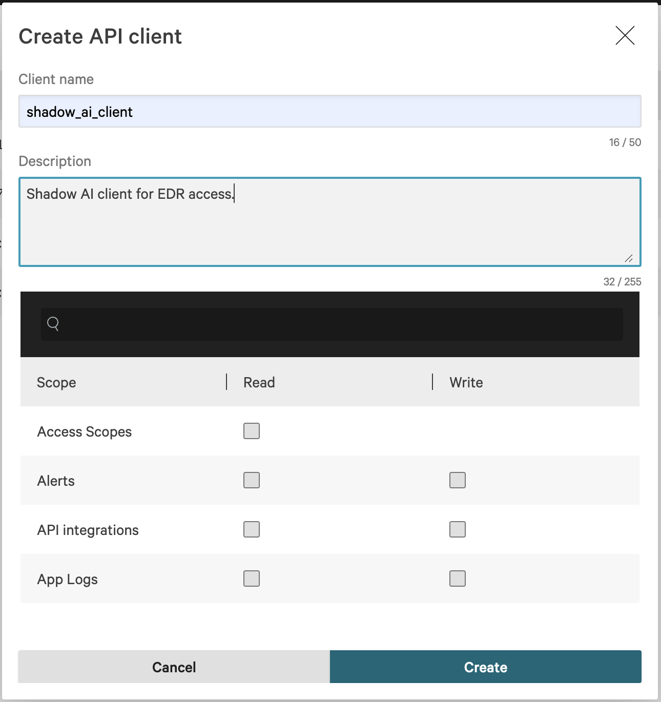 Falcon console: Create API client form with scope selection