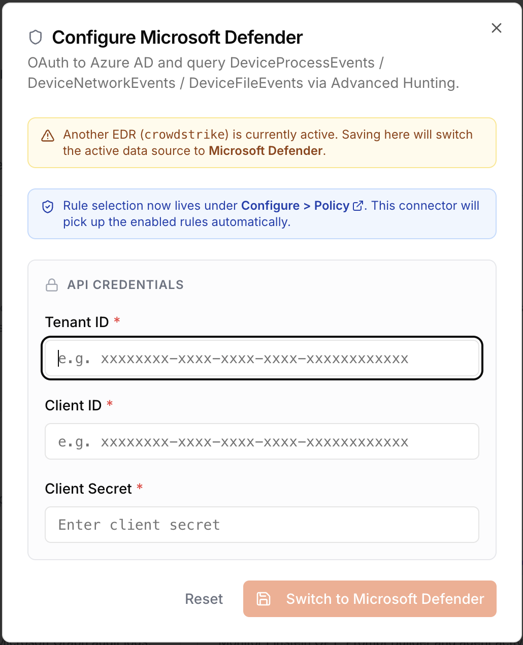 Configure Microsoft Defender: API credentials form